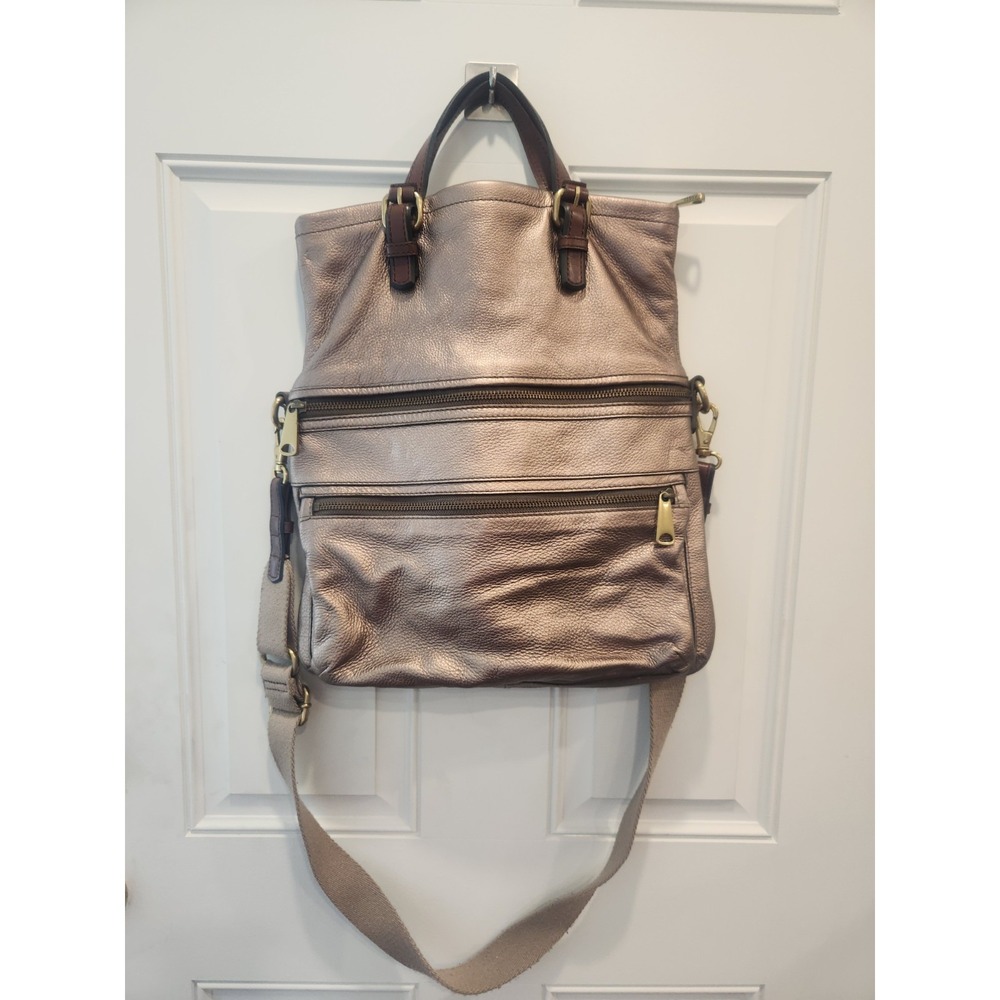 Fossil Bronze Metallic Distressed Bronze Explorer Flap Tote Satchel Bag‎ W/Strap
